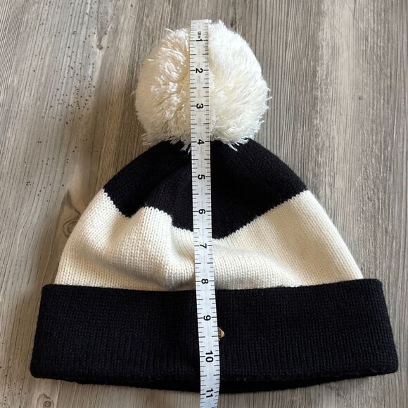 Kate Spade Pom Pom Beanie Hat Cap Gold Logo Knit Black Cream Womens One Size - Picture 8 of 8